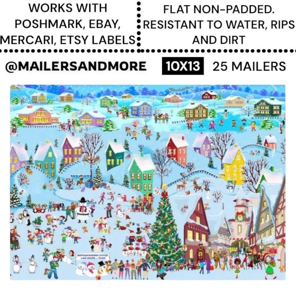 25 10X13 Poly Mailers Christmas Village Snow, Town, Tree and Santa PRICE IS FIRM